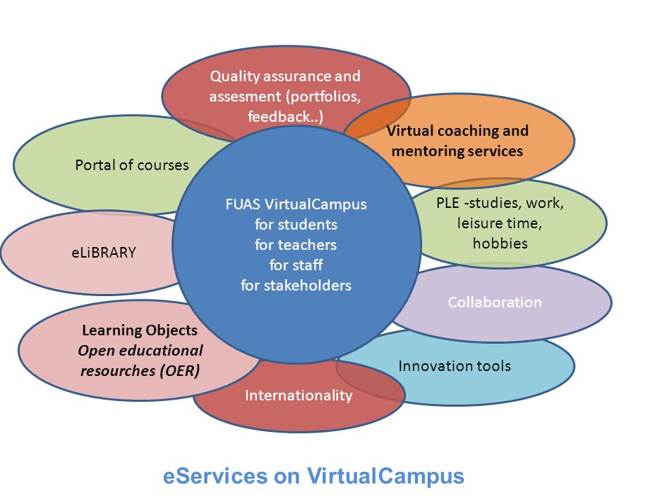 Portal of courses Quality assurance and assesment (portfolios, feedback..) Innovation tools Internationality Learning Objects Open educational resourches (OER) Collaboration PLE -studies, work, leisure time, hobbies Virtual coaching and mentoring services eLiBRARY FUAS Virtuaalikampus FUAS VirtualCampus for students for teachers for staff for stakeholders eServices on VirtualCampus