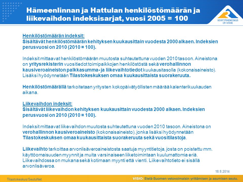 Hämeenlinnan ja Hattulan henkilöstömäärän ja liikevaihdon indeksisarjat, vuosi 2005 = Tilastokeskus/SeutuNet Henkilöstömäärän indeksit: Sisältävät henkilöstömäärän kehityksen kuukausittain vuodesta 2000 alkaen.
