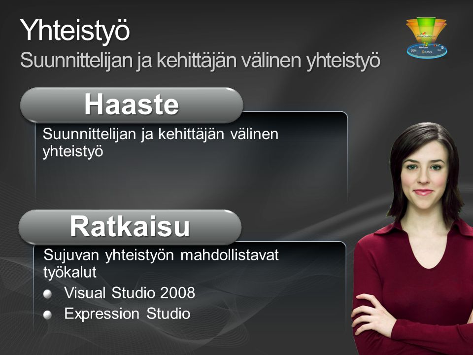 Yhteistyö Suunnittelijan ja kehittäjän välinen yhteistyö Suunnittelijan ja kehittäjän välinen yhteistyö HaasteHaaste RatkaisuRatkaisu Sujuvan yhteistyön mahdollistavat työkalut Visual Studio 2008 Expression Studio