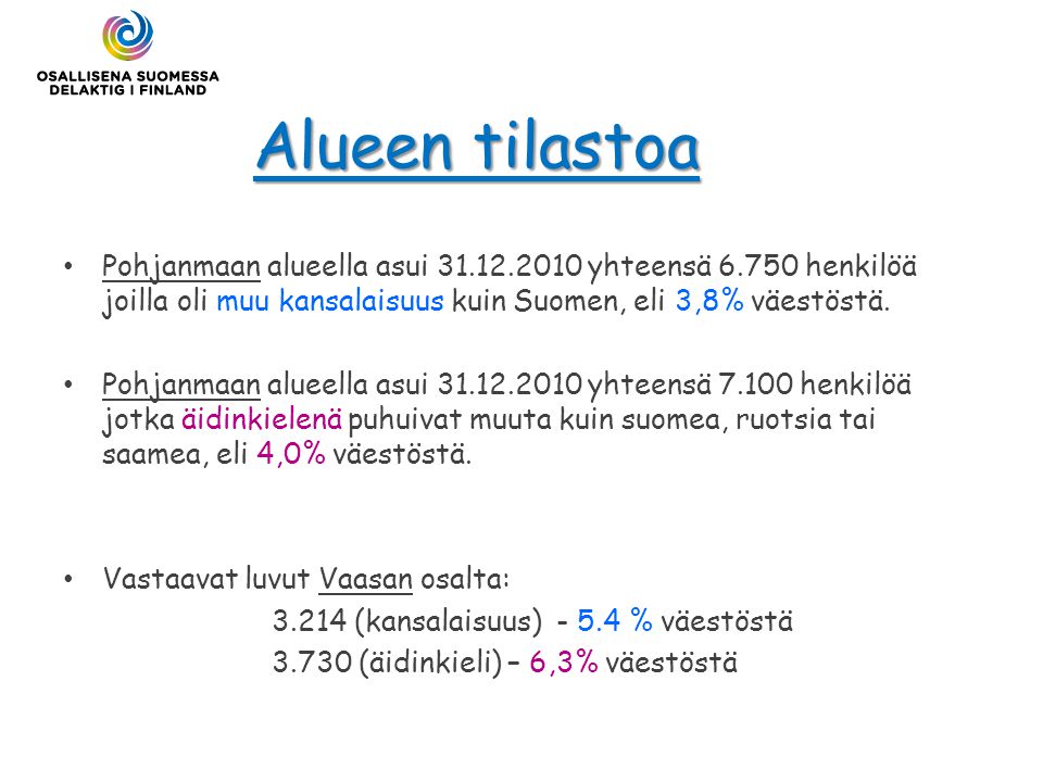 Alueen tilastoa Pohjanmaan alueella asui yhteensä henkilöä joilla oli muu kansalaisuus kuin Suomen, eli 3,8% väestöstä.