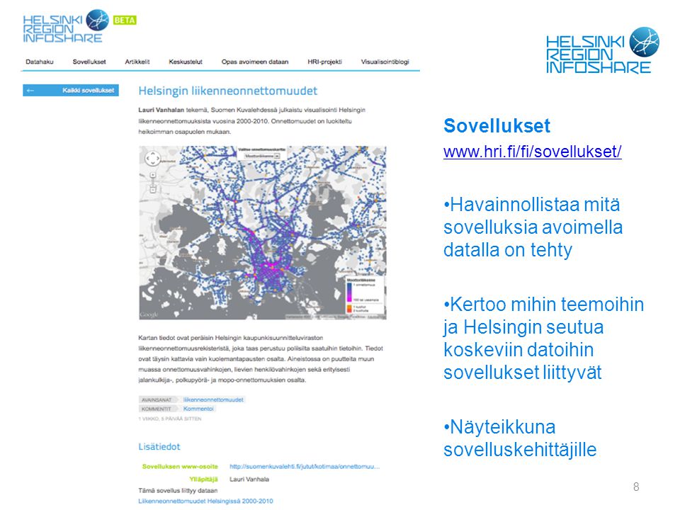 Sovellukset   Havainnollistaa mitä sovelluksia avoimella datalla on tehty Kertoo mihin teemoihin ja Helsingin seutua koskeviin datoihin sovellukset liittyvät Näyteikkuna sovelluskehittäjille Forum Virium Helsinki