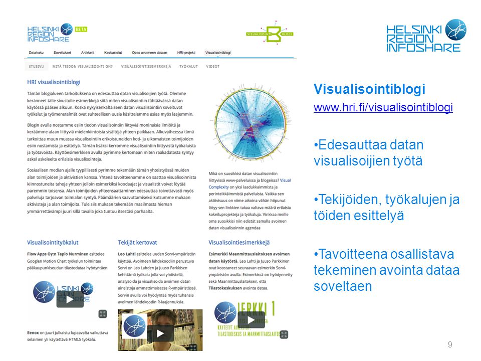 Visualisointiblogi   Edesauttaa datan visualisoijien työtä Tekijöiden, työkalujen ja töiden esittelyä Tavoitteena osallistava tekeminen avointa dataa soveltaen Forum Virium Helsinki
