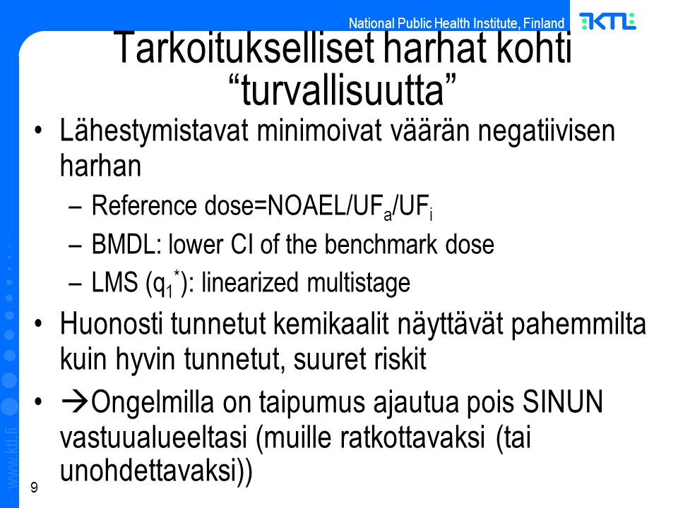 National Public Health Institute, Finland   9 Tarkoitukselliset harhat kohti turvallisuutta Lähestymistavat minimoivat väärän negatiivisen harhan –Reference dose=NOAEL/UF a /UF i –BMDL: lower CI of the benchmark dose –LMS (q 1 * ): linearized multistage Huonosti tunnetut kemikaalit näyttävät pahemmilta kuin hyvin tunnetut, suuret riskit  Ongelmilla on taipumus ajautua pois SINUN vastuualueeltasi (muille ratkottavaksi (tai unohdettavaksi)) ‏