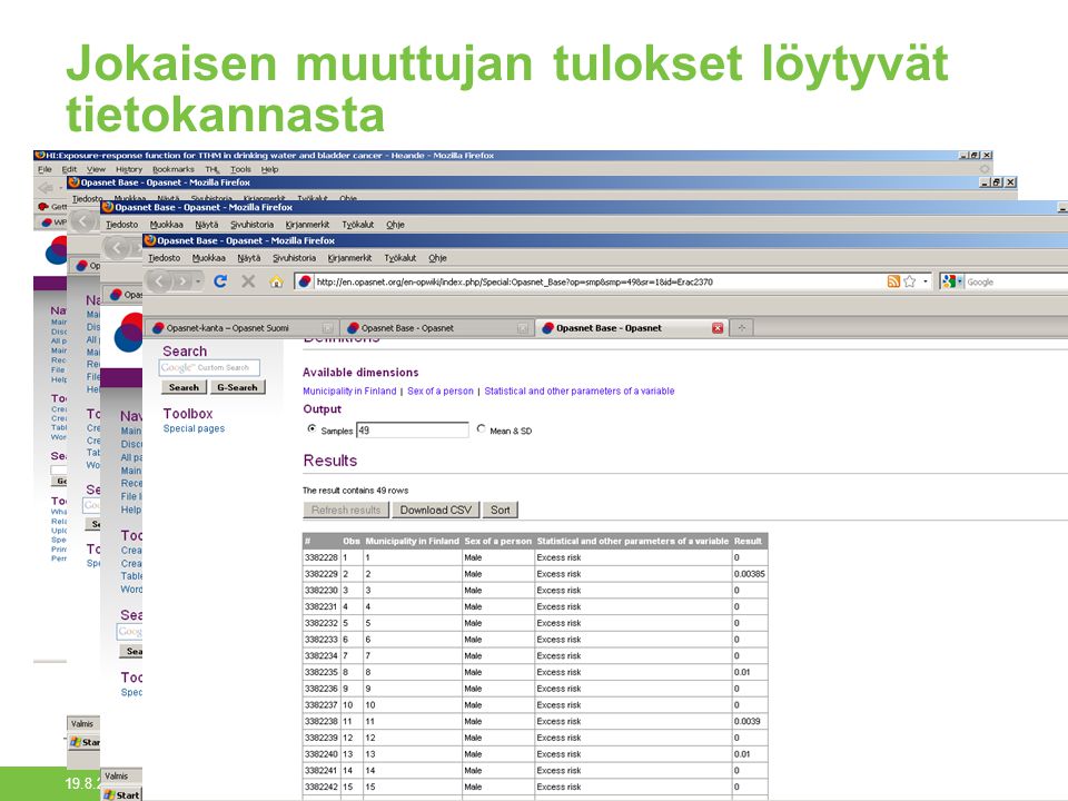 Opasnet-kanta/Päivi Meriläinen23 Jokaisen muuttujan tulokset löytyvät tietokannasta