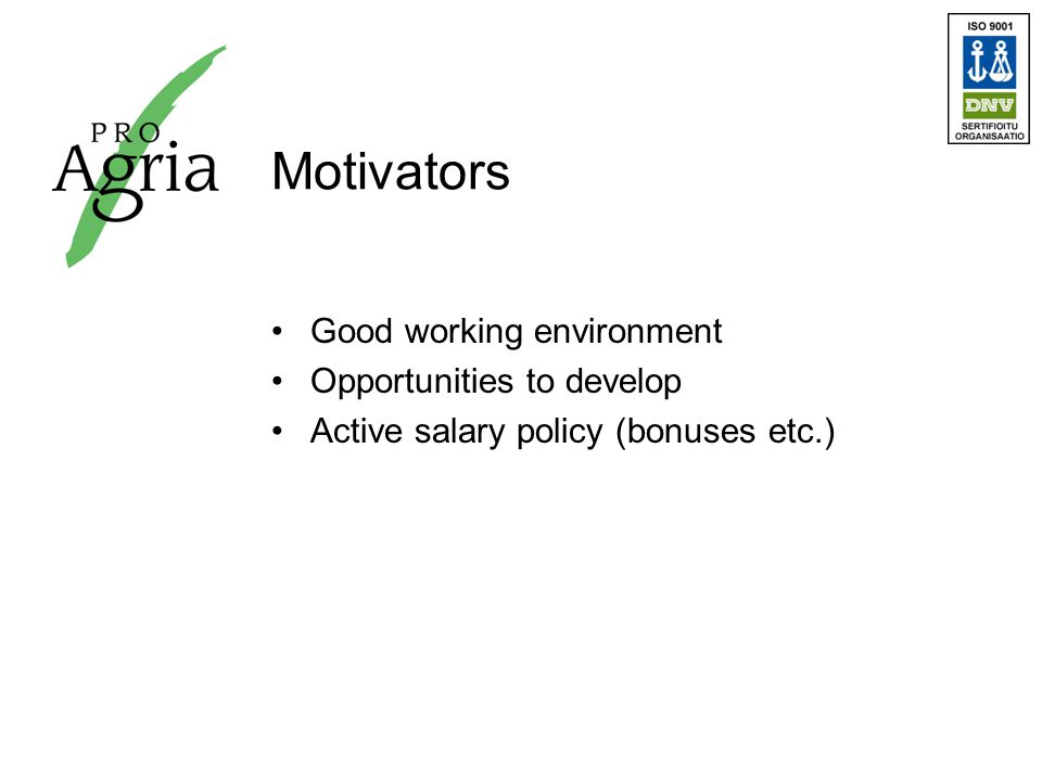 Motivators Good working environment Opportunities to develop Active salary policy (bonuses etc.)