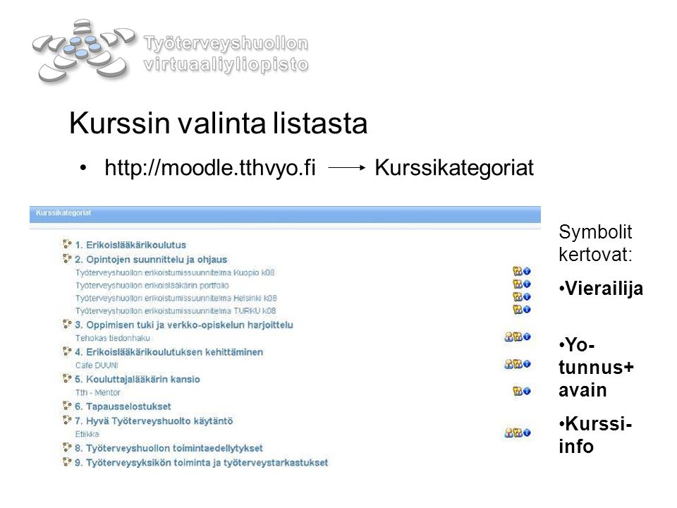 Kurssikategoriat Symbolit kertovat: Vierailija Yo- tunnus+ avain Kurssi- info Kurssin valinta listasta