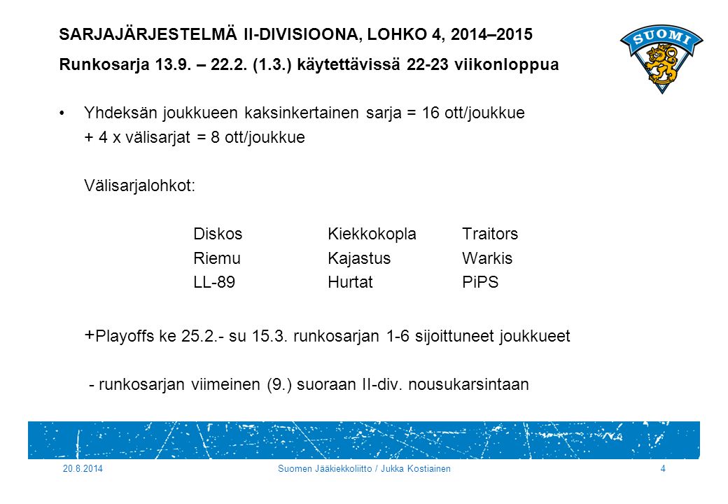 SARJAJÄRJESTELMÄ II-DIVISIOONA, LOHKO 4, 2014–2015 Runkosarja 13.9.
