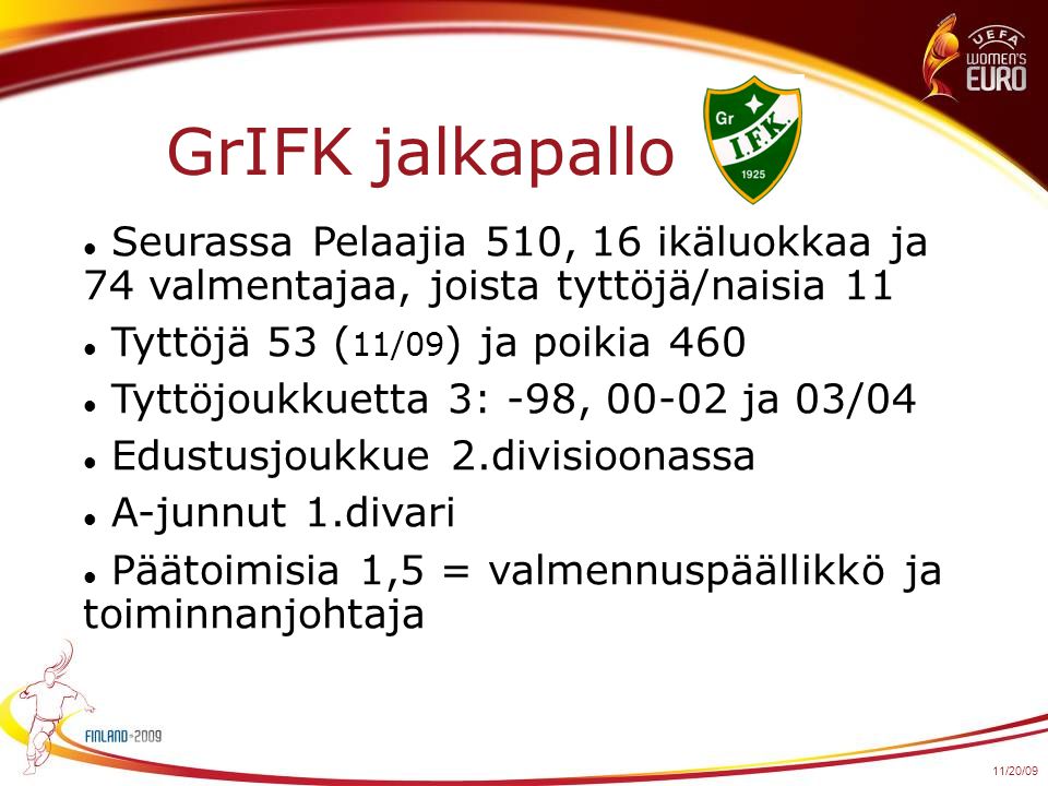 GrIFK jalkapallo Seurassa Pelaajia 510, 16 ikäluokkaa ja 74 valmentajaa, joista tyttöjä/naisia 11 Tyttöjä 53 ( 11/09 ) ja poikia 460 Tyttöjoukkuetta 3: -98, ja 03/04 Edustusjoukkue 2.divisioonassa A-junnut 1.divari Päätoimisia 1,5 = valmennuspäällikkö ja toiminnanjohtaja 11/20/09