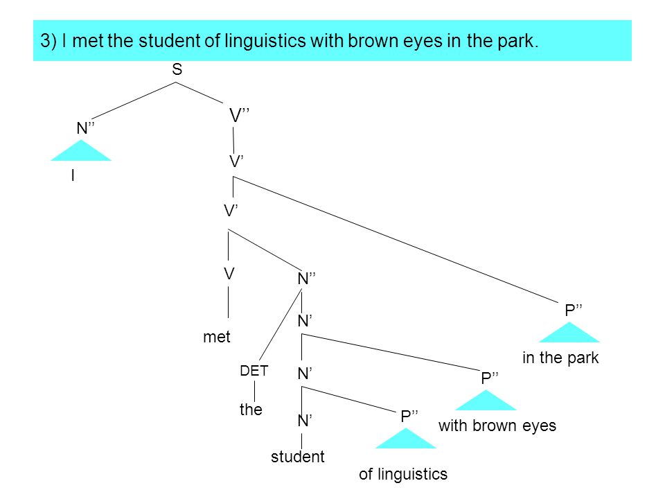 3) I met the student of linguistics with brown eyes in the park.