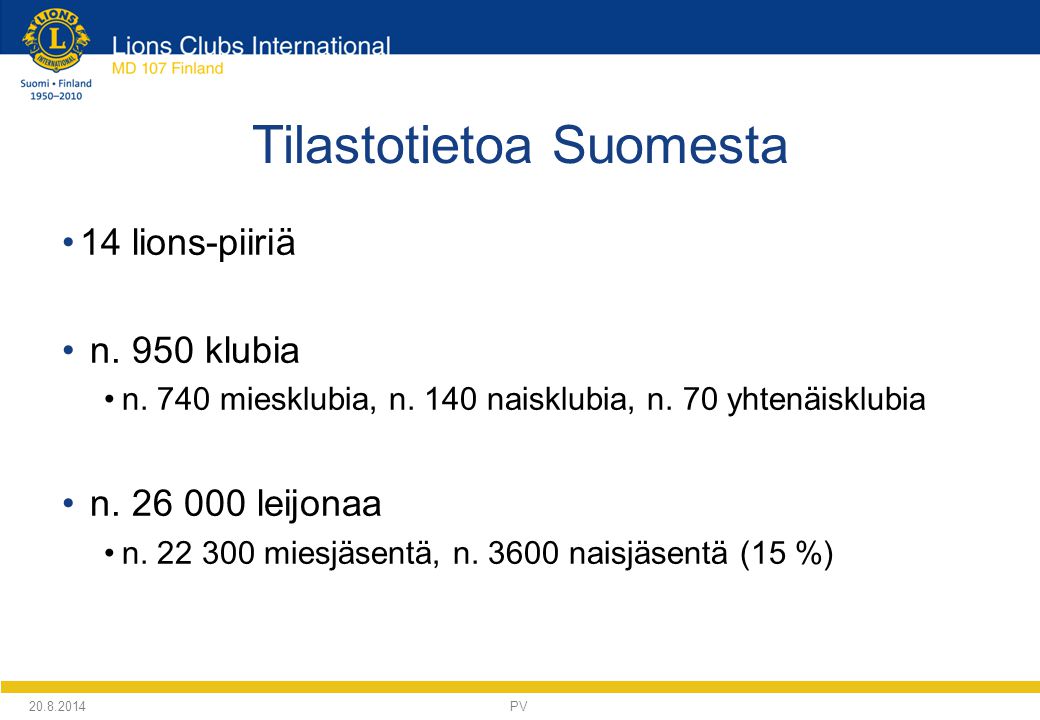 Tilastotietoa Suomesta 14 lions-piiriä n. 950 klubia n.