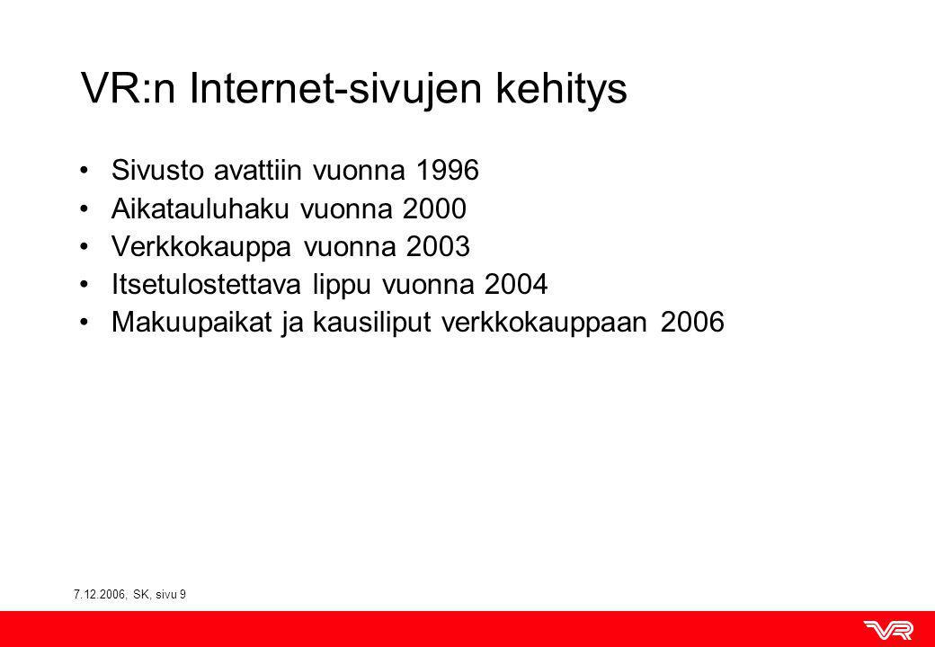 , SK, sivu 9 VR:n Internet-sivujen kehitys Sivusto avattiin vuonna 1996 Aikatauluhaku vuonna 2000 Verkkokauppa vuonna 2003 Itsetulostettava lippu vuonna 2004 Makuupaikat ja kausiliput verkkokauppaan 2006