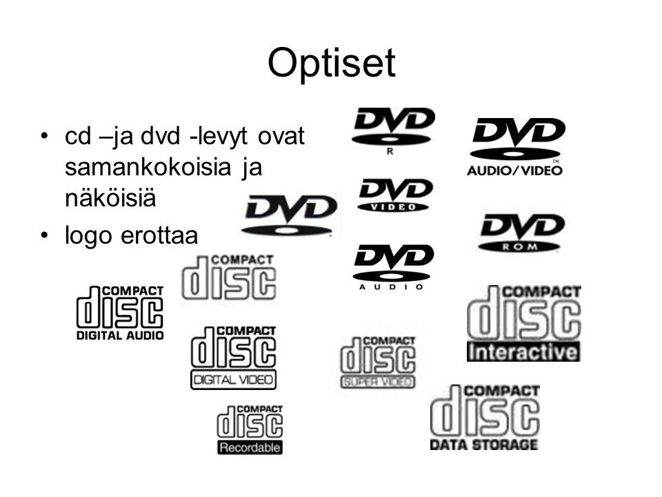 Optiset cd –ja dvd -levyt ovat samankokoisia ja näköisiä logo erottaa