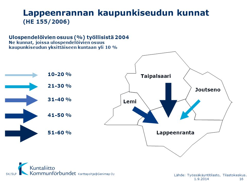 Lappeenrannan kaupunkiseudun kunnat (HE 155/2006) Lappeenranta Joutseno Lemi Taipalsaari Ulospendelöivien osuus (%) työllisistä 2004 Ne kunnat, joissa ulospendelöivien osuus kaupunkiseudun yksittäiseen kuntaan yli 10 % % % % % % OySK/SLP Lähde: Työssäkäyntitilasto, Tilastokeskus.