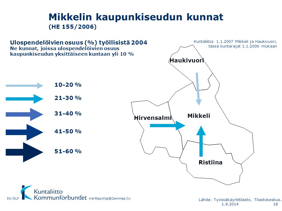 Mikkelin kaupunkiseudun kunnat (HE 155/2006) Mikkeli Haukivuori Hirvensalmi Ristiina Ulospendelöivien osuus (%) työllisistä 2004 Ne kunnat, joissa ulospendelöivien osuus kaupunkiseudun yksittäiseen kuntaan yli 10 % % % % % % Kuntaliitos Mikkeli ja Haukivuori, tässä kuntarajat mukaan OySK/SLP Lähde: Työssäkäyntitilasto, Tilastokeskus.