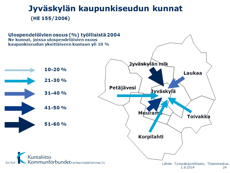 Jyväskylän kaupunkiseudun kunnat (HE 155/2006) Jyväskylä Jyväskylän mlk Petäjävesi Laukaa Muurame Toivakka Korpilahti Ulospendelöivien osuus (%) työllisistä 2004 Ne kunnat, joissa ulospendelöivien osuus kaupunkiseudun yksittäiseen kuntaan yli 10 % % % % % % OySK/SLP Lähde: Työssäkäyntitilasto, Tilastokeskus.