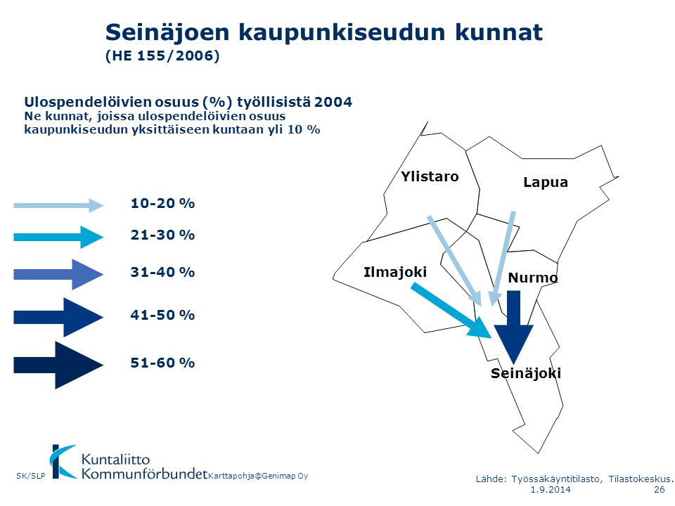 Seinäjoen kaupunkiseudun kunnat (HE 155/2006) Ulospendelöivien osuus (%) työllisistä 2004 Ne kunnat, joissa ulospendelöivien osuus kaupunkiseudun yksittäiseen kuntaan yli 10 % % % % % % Nurmo Lapua Ylistaro Seinäjoki Ilmajoki OySK/SLP Lähde: Työssäkäyntitilasto, Tilastokeskus.