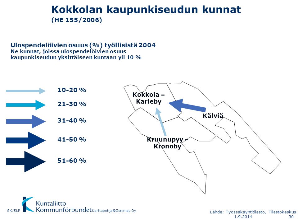Kokkolan kaupunkiseudun kunnat (HE 155/2006) Kokkola – Karleby Kruunupyy – Kronoby Kälviä % % % % % Ulospendelöivien osuus (%) työllisistä 2004 Ne kunnat, joissa ulospendelöivien osuus kaupunkiseudun yksittäiseen kuntaan yli 10 % OySK/SLP Lähde: Työssäkäyntitilasto, Tilastokeskus.