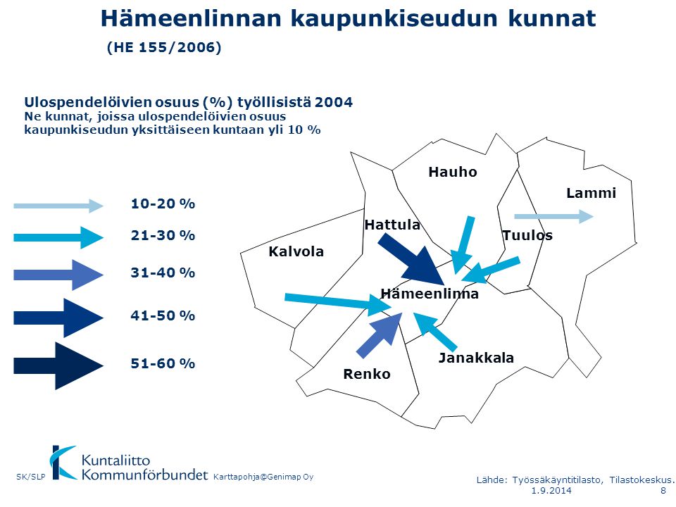 Hämeenlinnan kaupunkiseudun kunnat (HE 155/2006) Hämeenlinna Kalvola Hattula Hauho Tuulos Lammi Janakkala Renko Ulospendelöivien osuus (%) työllisistä 2004 Ne kunnat, joissa ulospendelöivien osuus kaupunkiseudun yksittäiseen kuntaan yli 10 % % % % % % OySK/SLP Lähde: Työssäkäyntitilasto, Tilastokeskus.