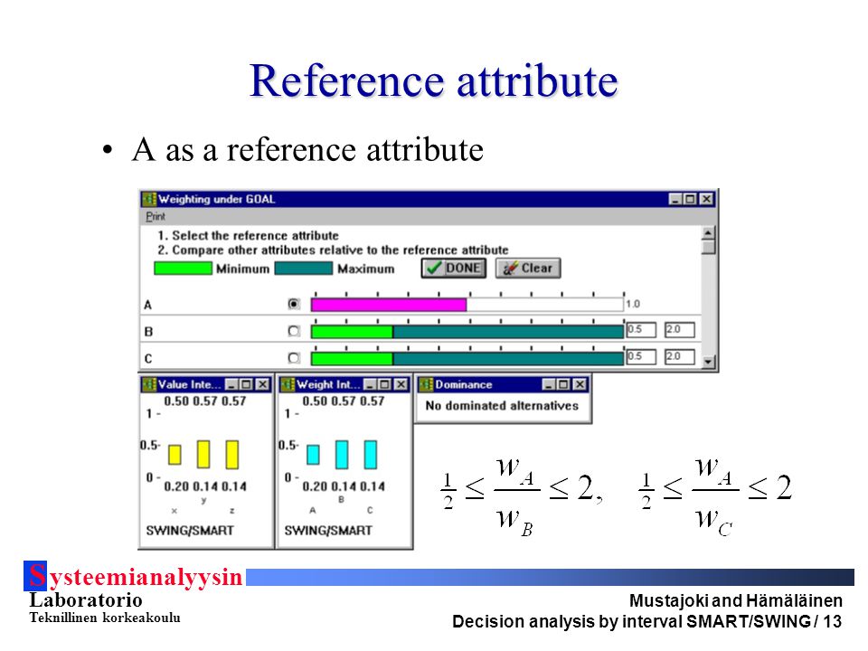 S ysteemianalyysin Laboratorio Teknillinen korkeakoulu Mustajoki and Hämäläinen Decision analysis by interval SMART/SWING / 13 Reference attribute A as a reference attribute