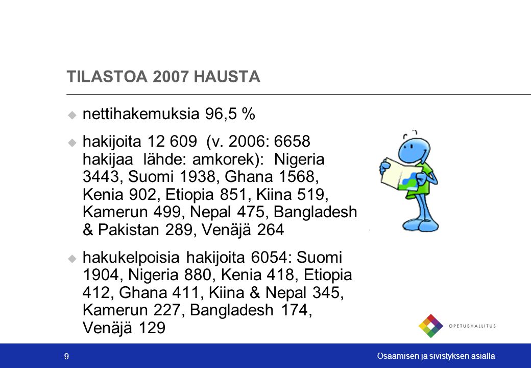 9 Osaamisen ja sivistyksen asialla TILASTOA 2007 HAUSTA  nettihakemuksia 96,5 %  hakijoita (v.