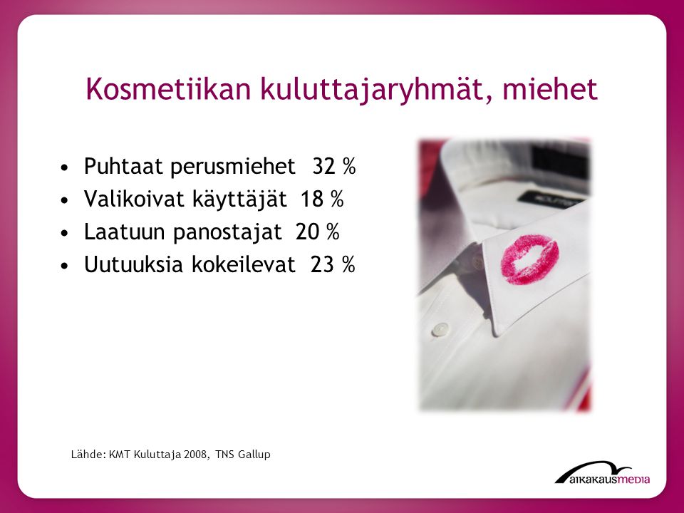 Kosmetiikan kuluttajaryhmät, miehet Puhtaat perusmiehet 32 % Valikoivat käyttäjät 18 % Laatuun panostajat 20 % Uutuuksia kokeilevat 23 % Lähde: KMT Kuluttaja 2008, TNS Gallup