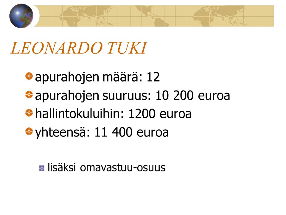 LEONARDO TUKI apurahojen määrä: 12 apurahojen suuruus: euroa hallintokuluihin: 1200 euroa yhteensä: euroa lisäksi omavastuu-osuus