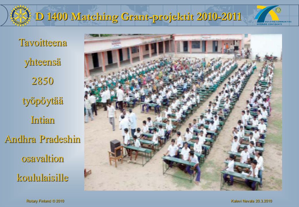 D 1400 Matching Grant-projektit Rotary Finland © 2010 Kalevi Nevala Tavoitteenayhteensä2850työpöytääIntian Andhra Pradeshin osavaltionkoululaisille