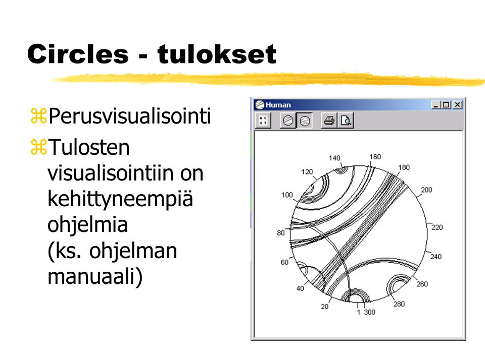 Circles - tulokset zPerusvisualisointi zTulosten visualisointiin on kehittyneempiä ohjelmia (ks.