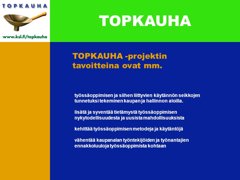 TOPKAUHA TOPKAUHA -projektin tavoitteina ovat mm.