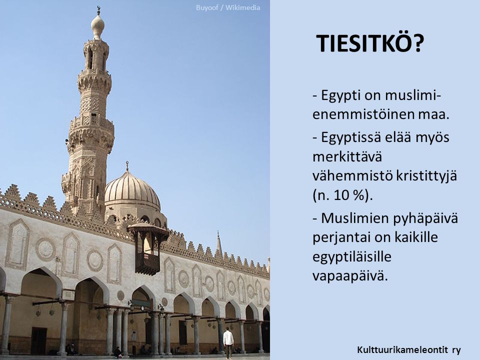 Kulttuurikameleontit ry TIESITKÖ. - Egypti on muslimi- enemmistöinen maa.