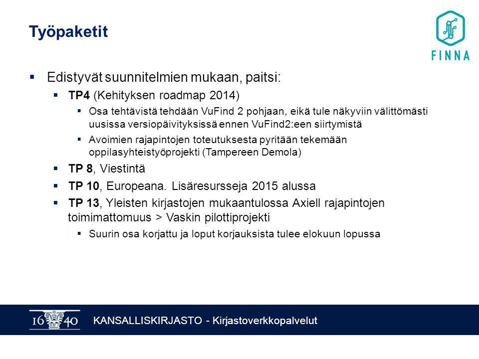 KANSALLISKIRJASTO - Kirjastoverkkopalvelut Työpaketit  Edistyvät suunnitelmien mukaan, paitsi:  TP4 (Kehityksen roadmap 2014)  Osa tehtävistä tehdään VuFind 2 pohjaan, eikä tule näkyviin välittömästi uusissa versiopäivityksissä ennen VuFind2:een siirtymistä  Avoimien rajapintojen toteutuksesta pyritään tekemään oppilasyhteistyöprojekti (Tampereen Demola)  TP 8, Viestintä  TP 10, Europeana.
