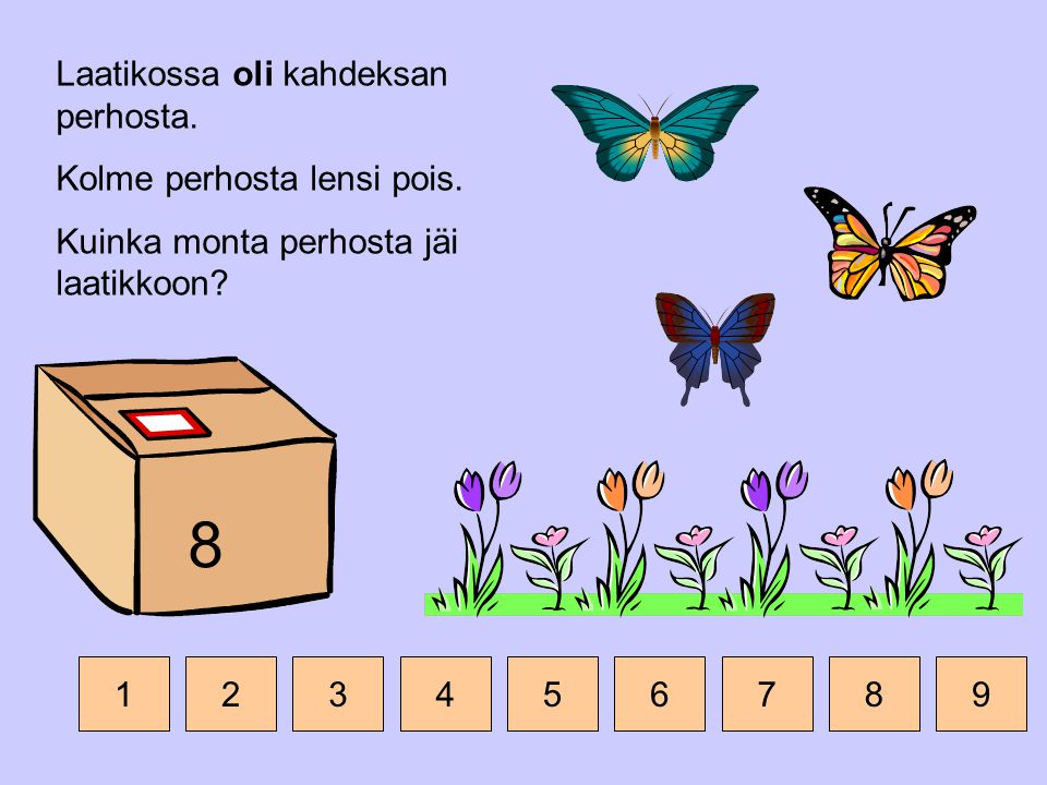 Laatikossa oli kahdeksan perhosta. Kolme perhosta lensi pois.