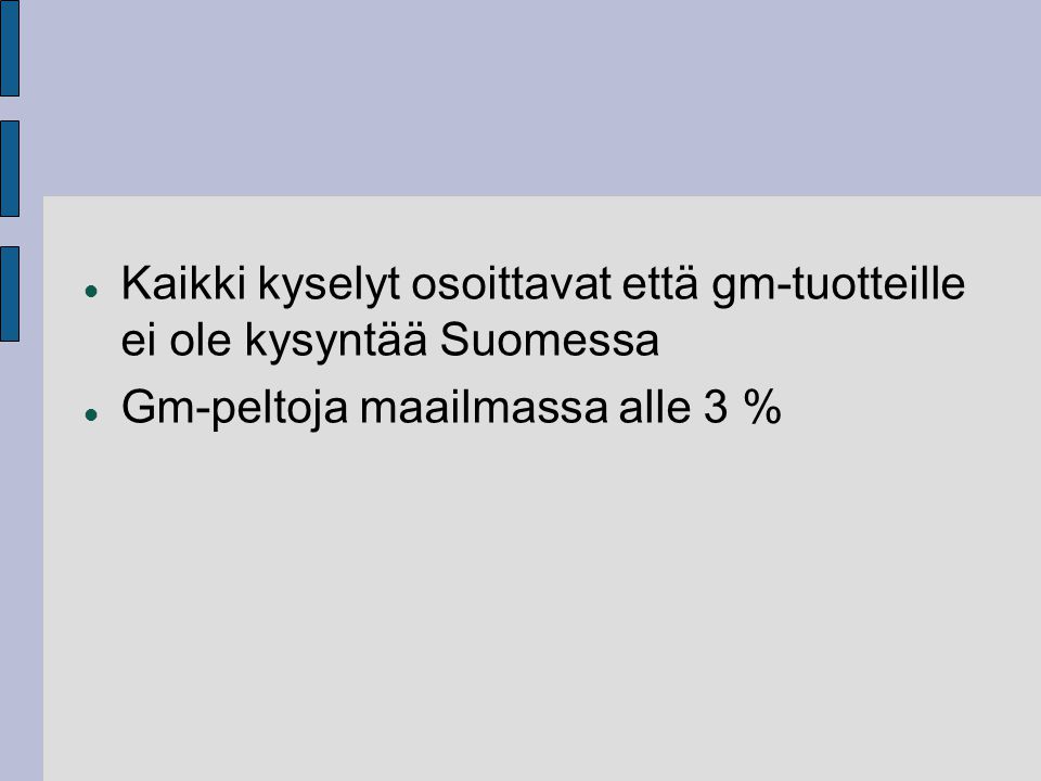 Kaikki kyselyt osoittavat että gm-tuotteille ei ole kysyntää Suomessa Gm-peltoja maailmassa alle 3 %