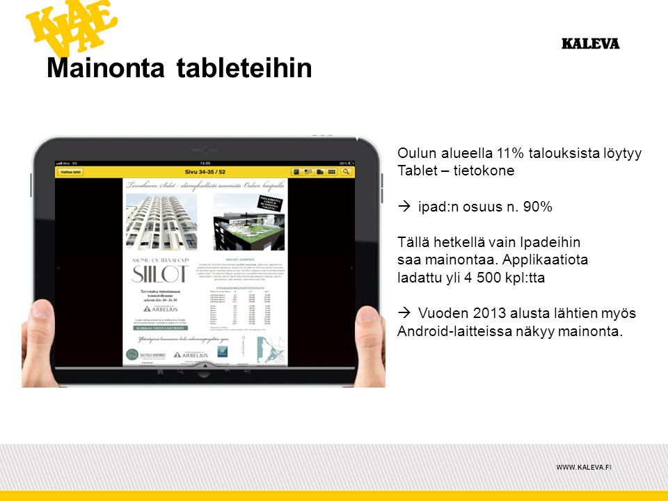 Mainonta tableteihin   Oulun alueella 11% talouksista löytyy Tablet – tietokone  ipad:n osuus n.