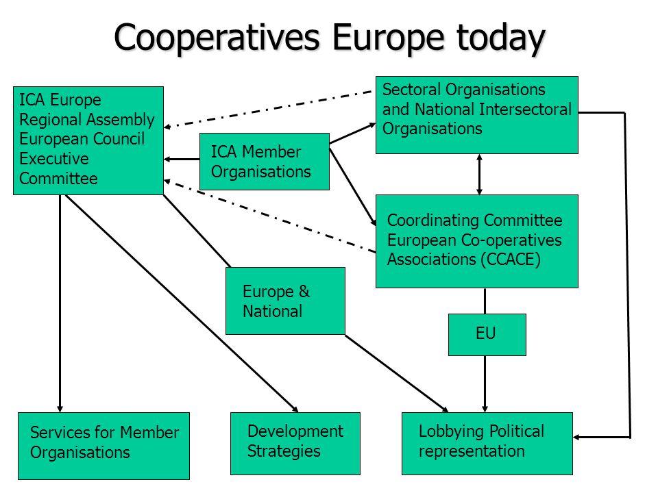 Cooperatives Europe today ICA Europe Regional Assembly European Council Executive Committee Sectoral Organisations and National Intersectoral Organisations ICA Member Organisations Services for Member Organisations Development Strategies Lobbying Political representation Coordinating Committee European Co-operatives Associations (CCACE) EU Europe & National