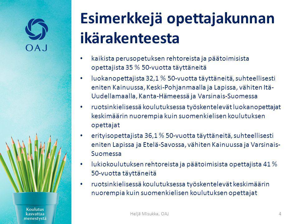 Esimerkkejä opettajakunnan ikärakenteesta kaikista perusopetuksen rehtoreista ja päätoimisista opettajista 35 % 50-vuotta täyttäneitä luokanopettajista 32,1 % 50-vuotta täyttäneitä, suhteellisesti eniten Kainuussa, Keski-Pohjanmaalla ja Lapissa, vähiten Itä- Uudellamaalla, Kanta-Hämeessä ja Varsinais-Suomessa ruotsinkielisessä koulutuksessa työskentelevät luokanopettajat keskimäärin nuorempia kuin suomenkielisen koulutuksen opettajat erityisopettajista 36,1 % 50-vuotta täyttäneitä, suhteellisesti eniten Lapissa ja Etelä-Savossa, vähiten Kainuussa ja Varsinais- Suomessa lukiokoulutuksen rehtoreista ja päätoimisista opettajista 41 % 50-vuotta täyttäneitä ruotsinkielisessä koulutuksessa työskentelevät keskimäärin nuorempia kuin suomenkielisen koulutuksen opettajat Heljä Misukka, OAJ4