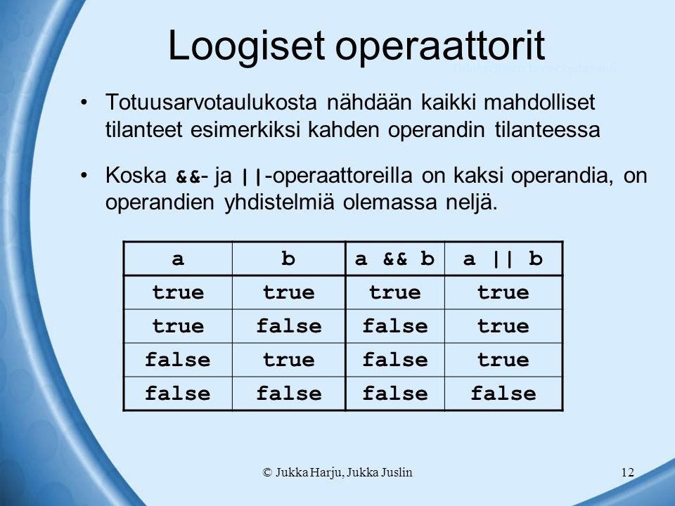 © Jukka Harju, Jukka Juslin12 Loogiset operaattorit Totuusarvotaulukosta nähdään kaikki mahdolliset tilanteet esimerkiksi kahden operandin tilanteessa Koska && - ja || -operaattoreilla on kaksi operandia, on operandien yhdistelmiä olemassa neljä.
