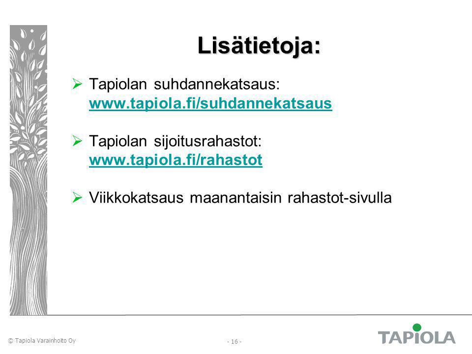 © Tapiola Varainhoito Oy Lisätietoja:  Tapiolan suhdannekatsaus:    Tapiolan sijoitusrahastot:    Viikkokatsaus maanantaisin rahastot-sivulla