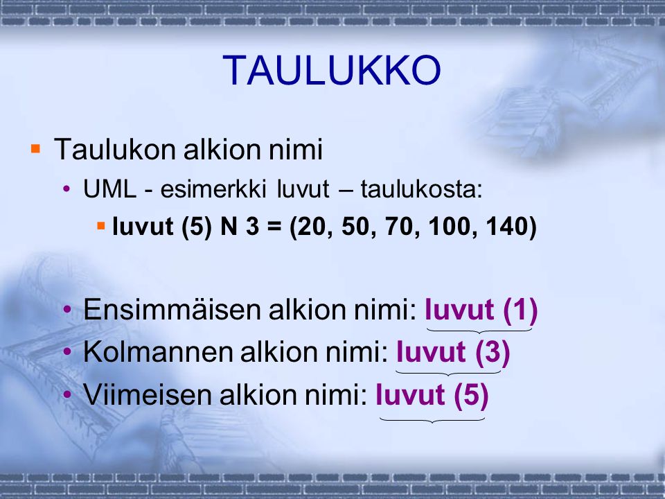 TAULUKKO  Taulukon alkion nimi UML - esimerkki luvut – taulukosta:  luvut (5) N 3 = (20, 50, 70, 100, 140) Ensimmäisen alkion nimi: luvut (1) Kolmannen alkion nimi: luvut (3) Viimeisen alkion nimi: luvut (5)