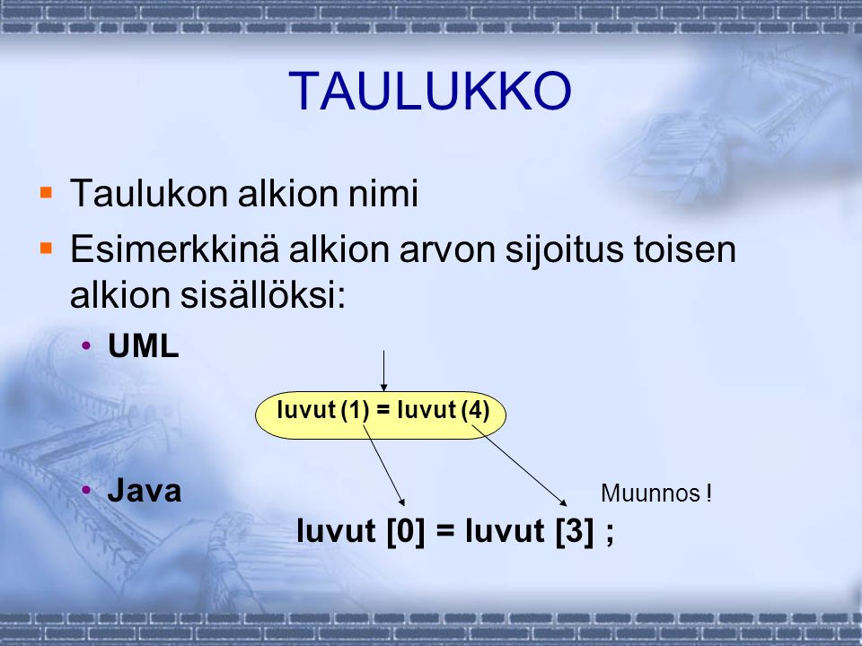 TAULUKKO  Taulukon alkion nimi  Esimerkkinä alkion arvon sijoitus toisen alkion sisällöksi: UML Java Muunnos .