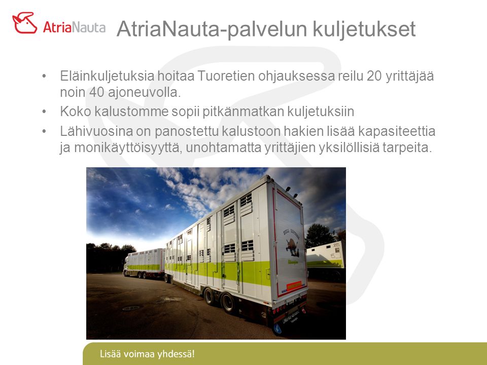 AtriaNauta-palvelun kuljetukset Eläinkuljetuksia hoitaa Tuoretien ohjauksessa reilu 20 yrittäjää noin 40 ajoneuvolla.