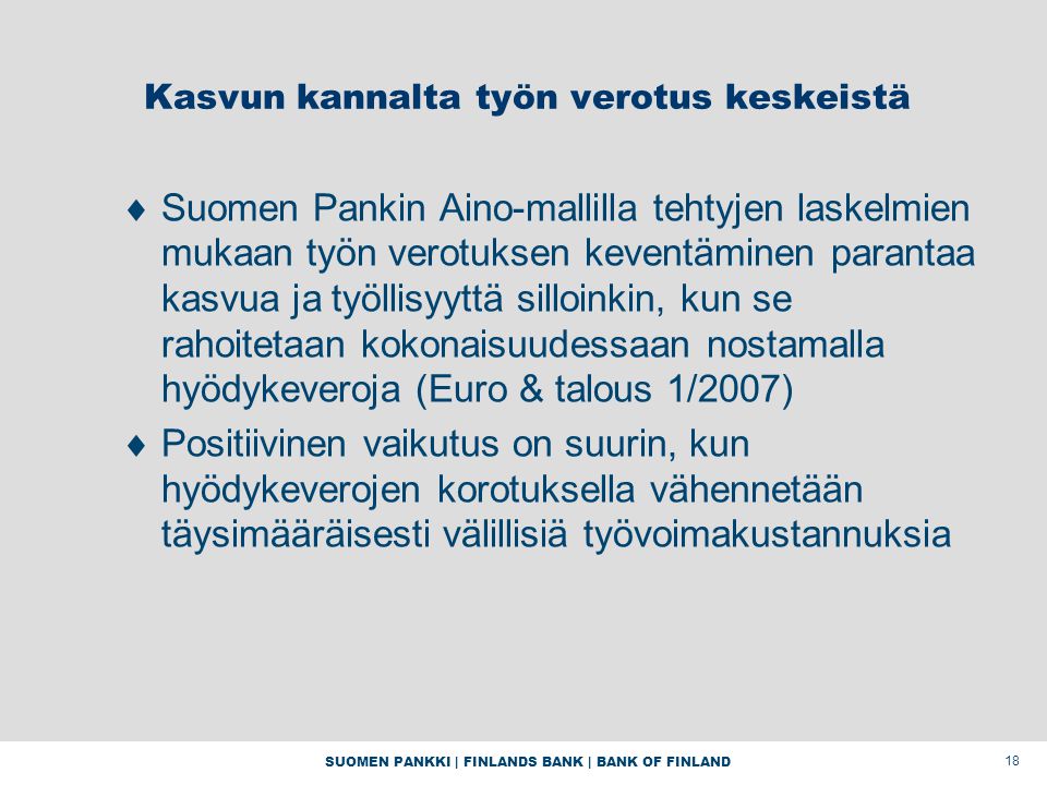 SUOMEN PANKKI | FINLANDS BANK | BANK OF FINLAND 18 Kasvun kannalta työn verotus keskeistä  Suomen Pankin Aino-mallilla tehtyjen laskelmien mukaan työn verotuksen keventäminen parantaa kasvua ja työllisyyttä silloinkin, kun se rahoitetaan kokonaisuudessaan nostamalla hyödykeveroja (Euro & talous 1/2007)  Positiivinen vaikutus on suurin, kun hyödykeverojen korotuksella vähennetään täysimääräisesti välillisiä työvoimakustannuksia