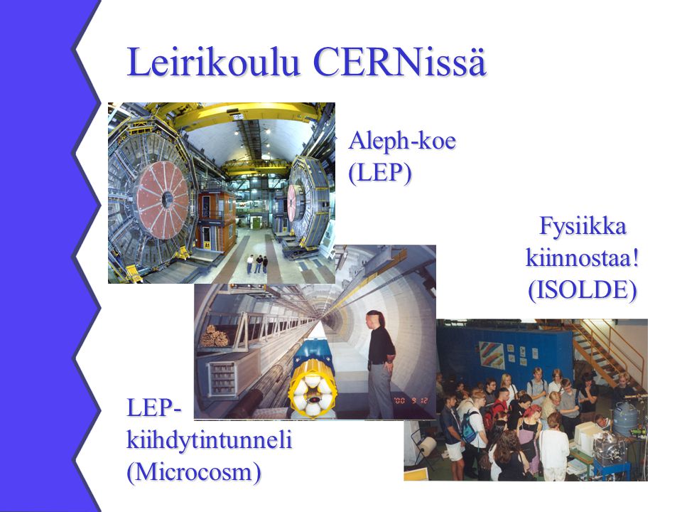 Leirikoulu CERNissä Aleph-koe (LEP) LEP- kiihdytintunneli (Microcosm) Fysiikka kiinnostaa! (ISOLDE)