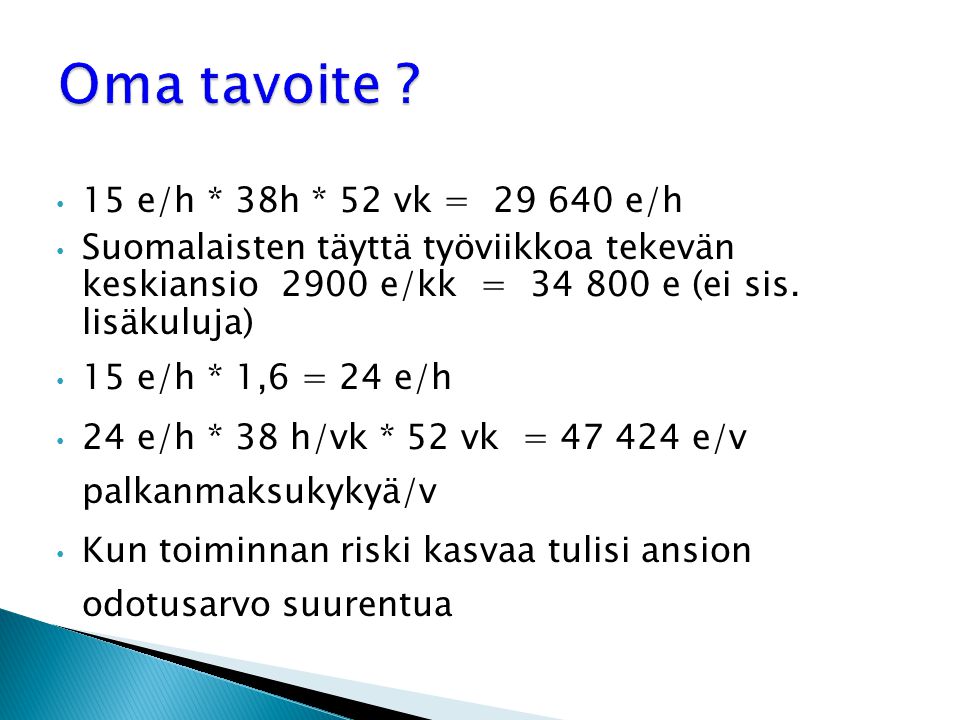 15 e/h * 38h * 52 vk = e/h Suomalaisten täyttä työviikkoa tekevän keskiansio 2900 e/kk = e (ei sis.